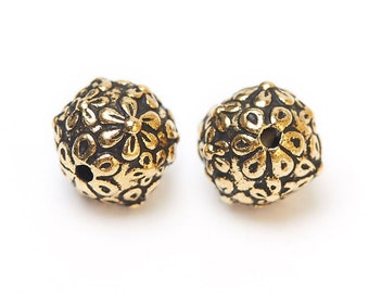 8mm Gold  Floral Round Beads, TierraCast Flower Beads, Gold Ball Beads, Antique Gold Round Beads, Made in the USA – TB54G