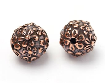 Perles rondes florales en cuivre de 8 mm, perles de fleur TierraCast, perles de boule de cuivre, perles rondes en cuivre antique, fabriquées aux États-Unis - TB54AC