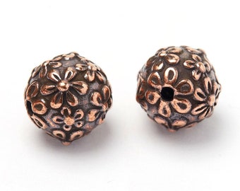 Cuentas redondas florales de cobre de 8 mm, cuentas de flores TierraCast, cuentas de bola de cobre, cuentas redondas de cobre antiguo, hechas en EE. UU.