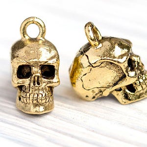 May include: Two gold-colored skull charms. One is upright, the other is on its side. Both have a loop at the top for hanging. The skulls have detailed features, including eye sockets, a nose cavity, and teeth. The charms have a metallic finish.