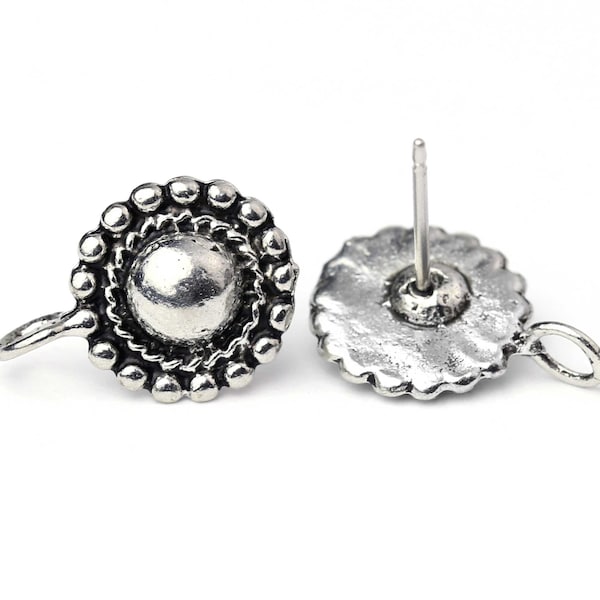 Silver Flower Earring Tops, Round Beaded Post Earrings, Stud Earrings, Artisan Earring Post, Component, Made in USA, 11mm