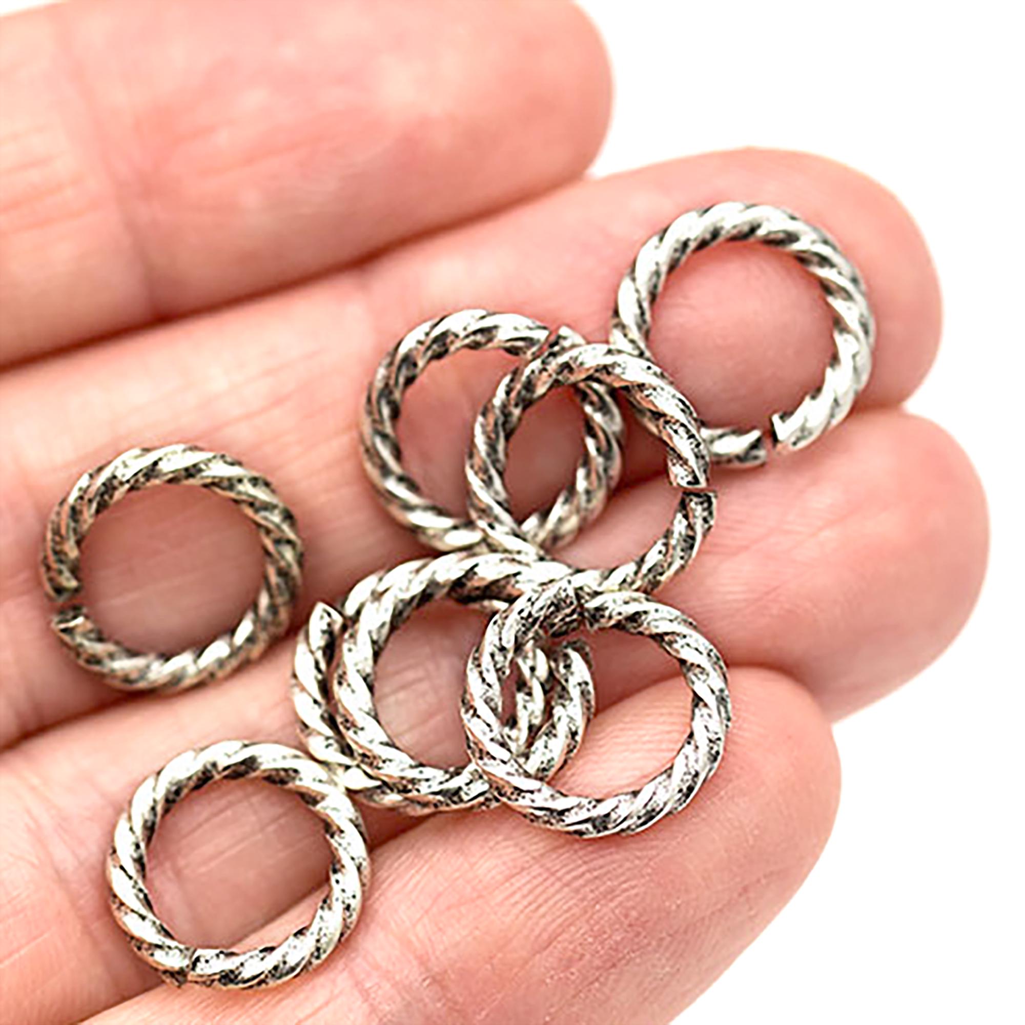 11mm Large Silver Twisted Rope Jump Rings, 14Gauge Antique Silver Jumprings, Open Jump Rings, Very Durable, Silver Plated Steel, Made in USA