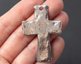Large Silver Cross Pendant, Silver Hammered Cross Pendant, Large Rosary Cross, Rustic Antique Silver Cross, Made in the USA, 47mm