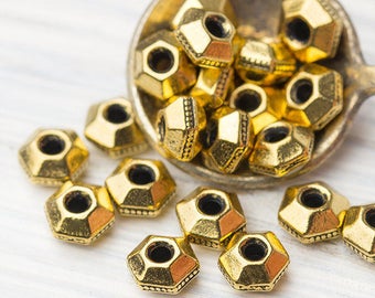5mm Gold Heishi Beads, Faceted Heishi Beads, TierraCast Heishi Spacers, Small Hexagon Beads, Antique Gold Spacer Beads, Made in USA