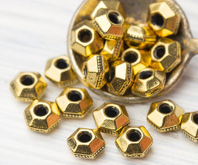 Antique Gold Spacer Beads Made in USA \u2013 TB3 TierraCast Heishi Spacers Small Hexagon Beads 5mm Gold Heishi Beads Faceted Heishi Beads