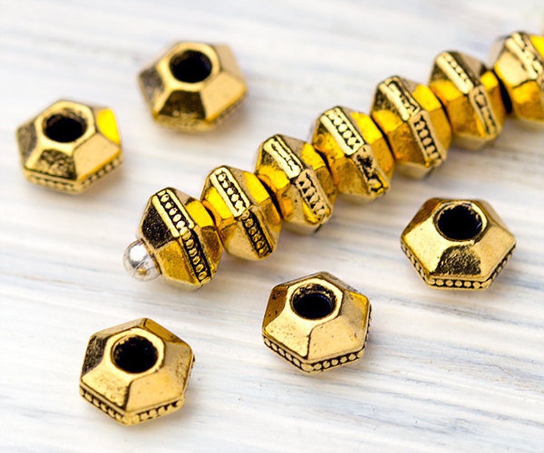 5mm Gold Heishi Beads, Faceted Heishi Beads, TierraCast Heishi Spacers, Small Hexagon Beads, Antique Gold Spacer Beads, Made in USA image 2
