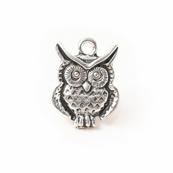 Small Silver Owl Charm, Antique Silver Owl Bird Charm, Wisdom Pendant, Made in USA, 16mm