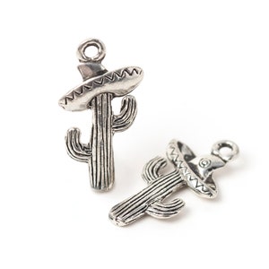 Silver Cactus with Sombrero Pendant, Antique Silver Saguaro Cactus Charm, Fiesta, Cinco de Mayo Pendant, Made in USA, 21mm – AB161