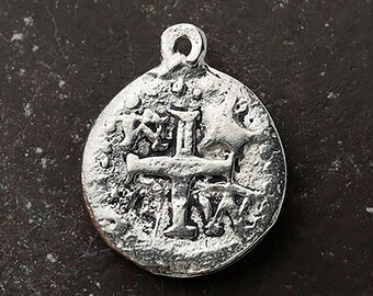 Ancient Cross Charm, Christian Charm, Hammered Silver Cross, Silver Coin Charm, Antique Silver, 19mm, Made in the USA