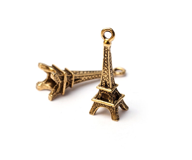 Gold Paris Eiffel Tower Charm, French Charm, Paris Landmark Charm, Antique Gold Tower, 24k Gold Plated, Highly Detailed, Made in USA, 24mm image 1