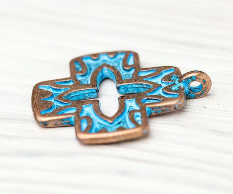 29x25mm \u2013 GN50 Copper and Blue Patina Cross Charm Zamak Metal Casting Made in Europe Rustic Cross Pendant