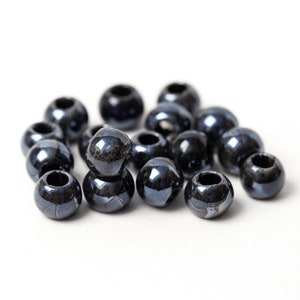 8mm Glazed Ceramic Ball Beads, Enamel Ceramic Round Beads, Large Hole Beads, Shiny Black Porcelain Beads, Made in Europe