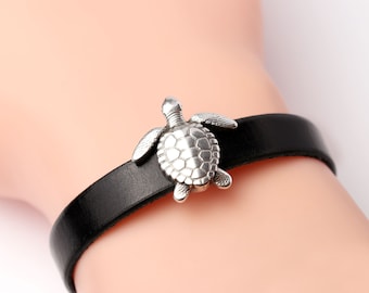 Silver Sea Turtle Slider Beads, Ocean, Sea Creature 10mm Flat Cord Bracelet Beads, Highly Detailed, Fine Silver Plated Zamak, Made in Europe