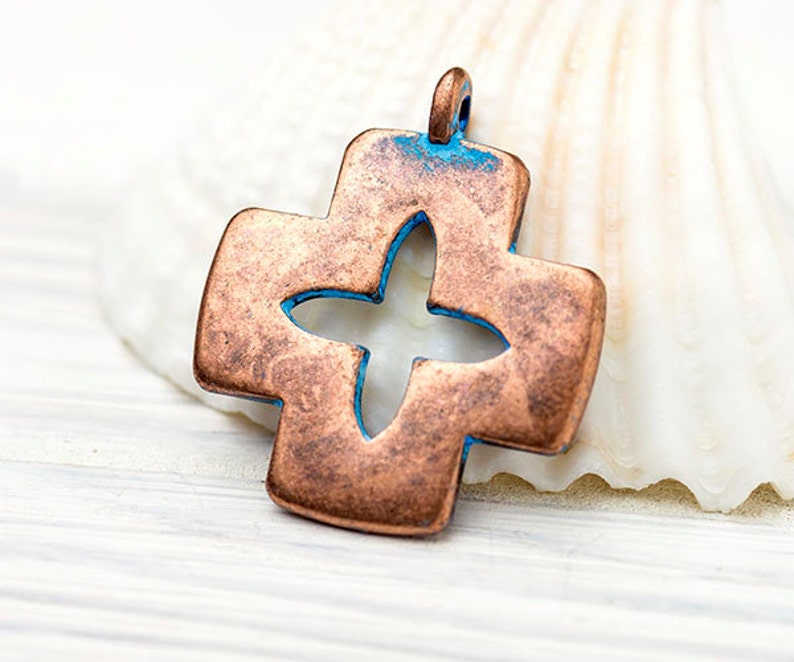 29x25mm \u2013 GN50 Copper and Blue Patina Cross Charm Zamak Metal Casting Made in Europe Rustic Cross Pendant