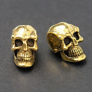 3D Skull Beads, Small Gold Skull Beads, Spooky Beads, Vertical Hole, Antique Gold, Made in the USA, 8x6mm