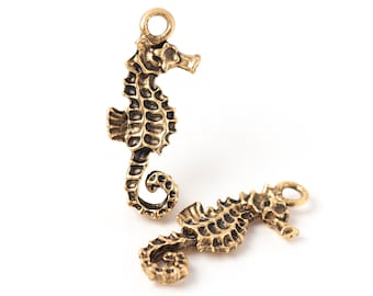 Small Gold Seahorse Charm, Sea, Ocean Creature Pendant, Antique Gold, Made in the USA, 23mm