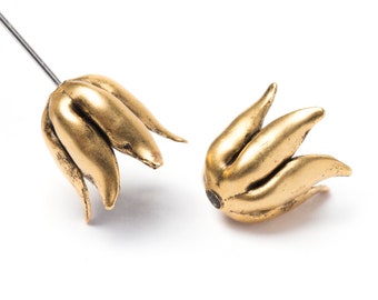 Gold Tulip Bead Caps, Antique Gold Flower Petal, Tulip Petals Bead Cap, Artisan Gold Cap, 24K Gold Plated, Made in USA