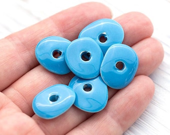 16mm Sky Blue Enameled Cornflake Chips, Blue Disk Spacer, Glazed Blue Beads, Blue Enamel Ceramic Beads, Mykonos Greek
