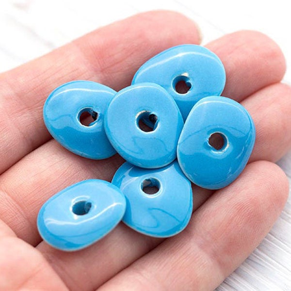 16mm Sky Blue Enameled Cornflake Chips, Blue Disk Spacer, Glazed Blue Beads, Blue Enamel Ceramic Beads, Mykonos Greek