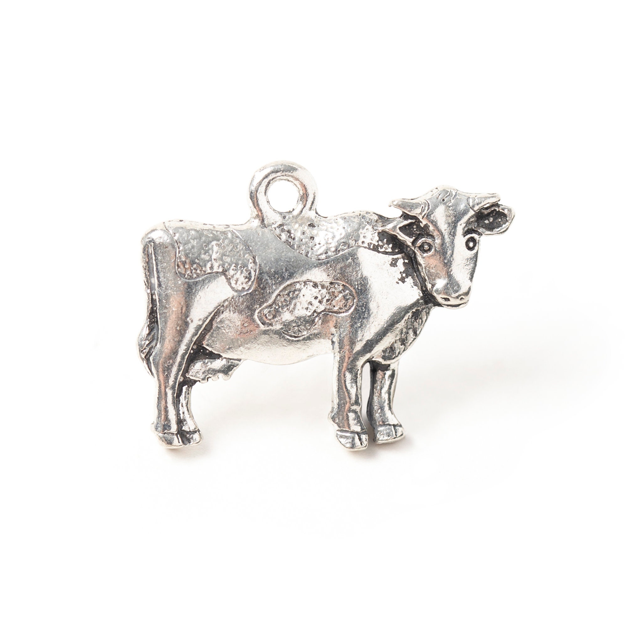 Silver Cow Charm, Antique Silver Cow Pendant, Animal Lover Charm, Farm Animal Pendant, Made in USA, 21mm - AB166