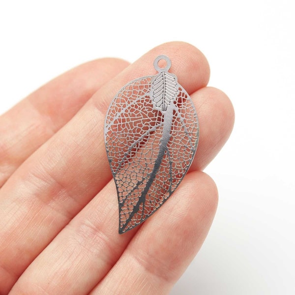 Silver Filigree Hollow Leaf Charm, Leaf Pendant, Ultralight Leaf Earring Charm, Laser Cut – 38mm