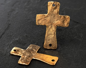 Large Gold Two Hole Cross Connector, Gold Hammered Cross Focal, Ancient Rosary Cross, Rustic Antique Gold Cross, Made in the USA, 47mm