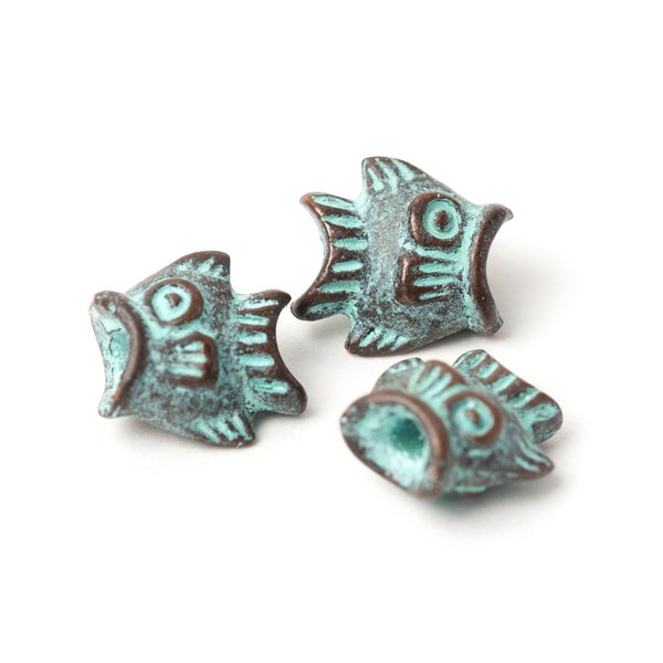 Rustic Fish Beads, Nautical Beads, Small Fish Beads, Verdigris Fish, Copper and Gren Patina, Mykonos Greek Metal Casting, 11x11 mm