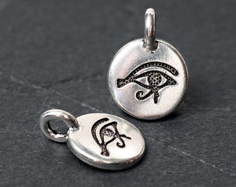 Silver Round Eye of Horus Charm, TierraCast Egyptian Symbol Charm, Egyptian Jewelry, Protection, Good Health Amulet, Made in the USA, 17mm