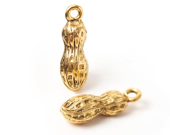 Small Gold Peanut Charm, Peanut Lover Pendant, Stability, Prosperity and Wealth Symbol, Antique Gold, Made in USA, 17mm