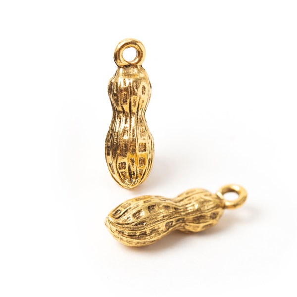 Petite breloque cacahuète en or, pendentif amateur de cacahuètes, symbole de stabilité, de prospérité et de richesse, or antique, fabriqué aux États-Unis, 17 mm