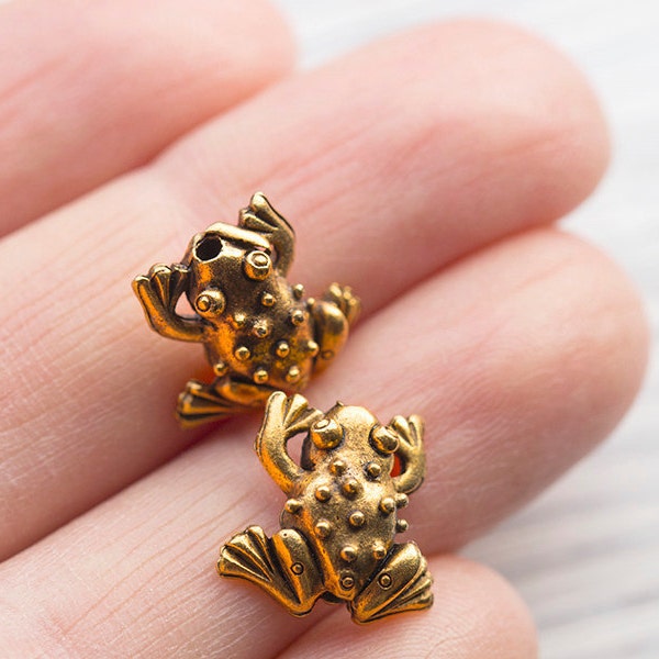 Small Cute Frog Beads, Gold Frog Beads, Animal Beads, Antique Gold, Made in the USA, 12x12mm