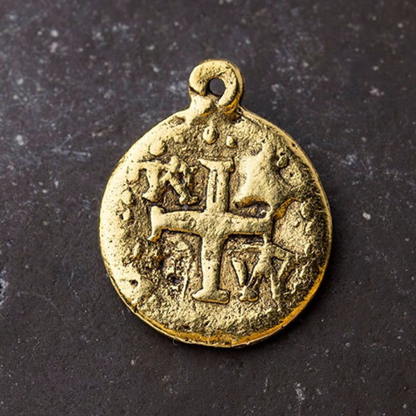 Ancient Cross Charm, Christian Charm, Hammered Gold Cross, Gold Coin Charm, Two Sided, Antique Gold, 19mm, Made in the USA – AB84AG