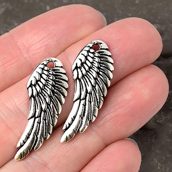 Silver Wing Charm, Guardian Angel Wing Charm, TierraCast, Double Sided, Made in the USA, 28x11mm