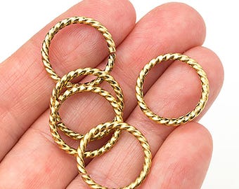 XLarge Gold Twisted Rope Jump Rings, Large Rope Jumprings, Open Jump Rings, Very Durable, 24K Gold Plated Steel, Made in USA, 17mm – BN11