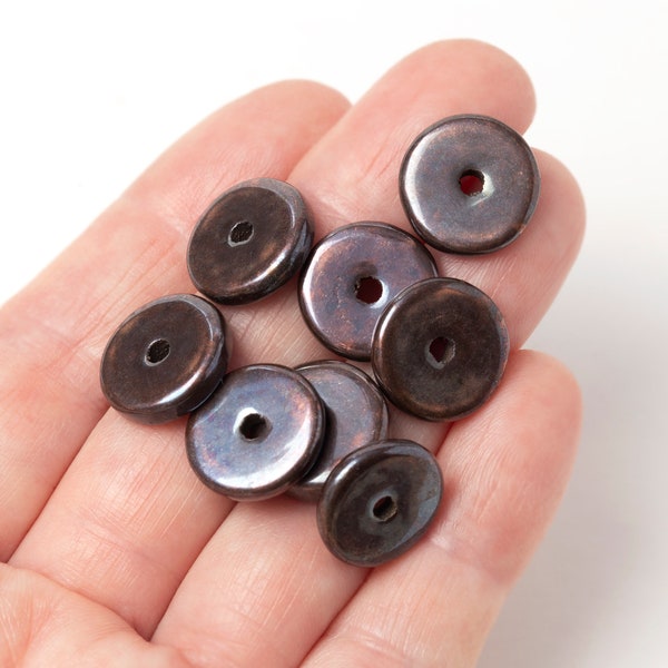 13mm Antique Copper Round Flat Washers, Antique Copper Disk Beads, Spacers, Mykonos Greek Metal Plated Ceramic