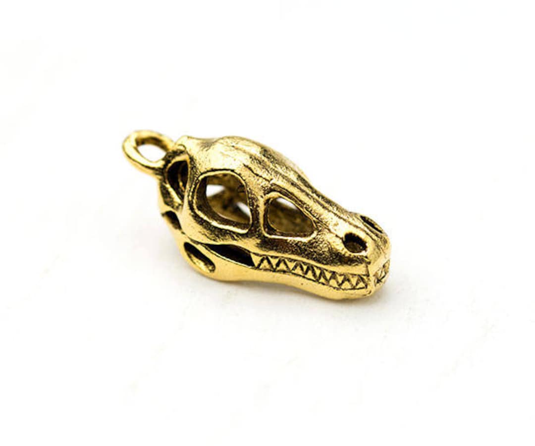Gold Trex Skull Charm, Dinosaur Fossil Skull Charm, Antique Gold Dinosaur Head Charm, Finely