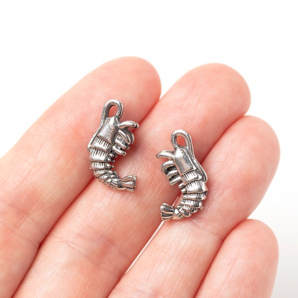 Small Silver Shrimp Charm, Nautical, Ocean, Sea Pendant, Antique Silver, Finely Detailed, Made in USA, 16mm