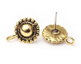 Gold Flower Earring Tops, Round Beaded Post Earrings, Antique Gold Stud Earrings, Artisan Earring Post, Earring Component, Made in USA, 11mm
