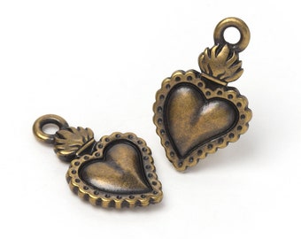 Bronze Milagro Heart Charm, TierraCast Flaming Heart Pendant, Sacred Heart Charm, Oxidized Brass, Made in USA