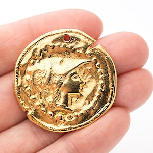 Gold Goddess Athena Pendant, Gold Coin Pendant, Replica Greek Coin, 24K Gold Plated, 35mm, Metal Casting, Made in Europe