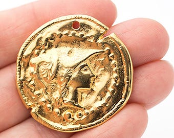 Gold Göttin Athene Anhänger, Goldmünze Anhänger, Replik griechische Münze, 24K vergoldet, 35 mm, Metallguss, Made in Europe
