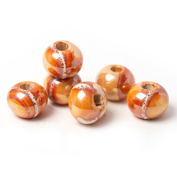 Boule émaillée de 12 mm, Perles émaillées à grand trou, Perles en céramique multicolores, Perles rondes en émail, Perles en porcelaine orange doré, Fabriqué en Europe