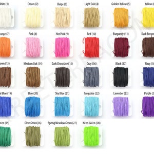 May include: A color chart displaying 28 different colors of twine. Colors range from white, cream, and beige to vibrant hues like orange, pink, red, and green. Each color is labeled with a number and a name, such as "White (1)" and "Red (10)".