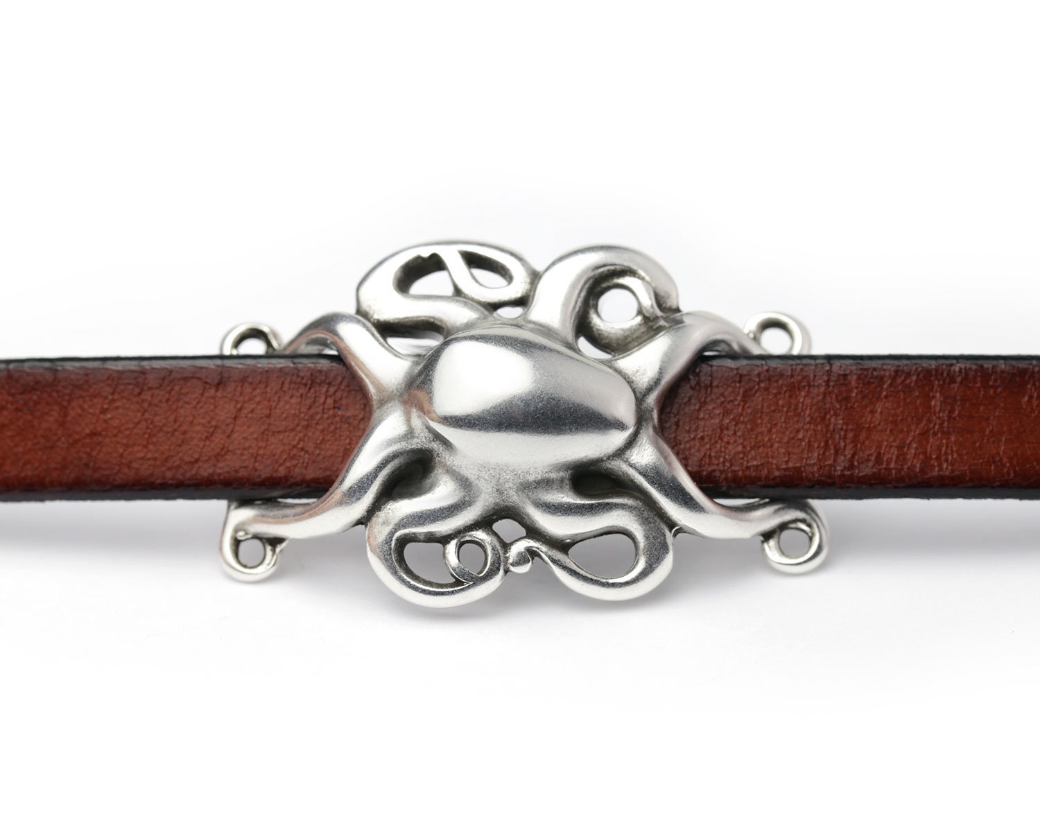 Connettore per bracciale a forma di polpo in argento, cursore a forma di polpo con cordino piatto, oceano, connettore a forma di creatura marina, placcato in argento fino, adatto per cordini piatti da 10 mm