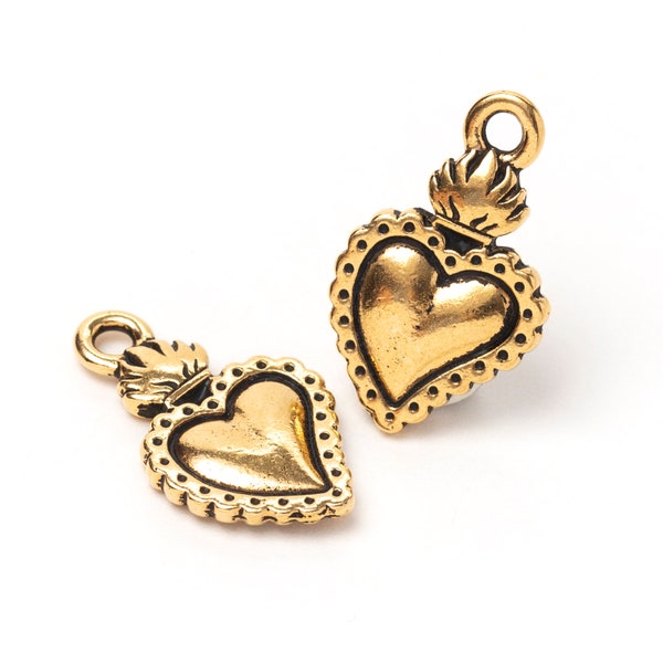 Gold Milagro Heart Charm, TierraCast Flaming Heart Pendant, Sacred Heart Charm, Antique Gold, Made in USA