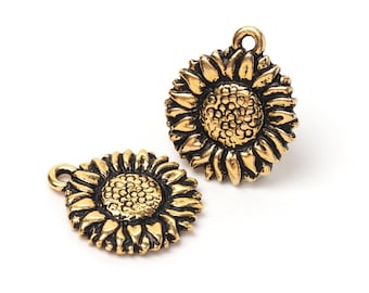 Dije de girasol dorado, Dije de flor de oro antiguo TierraCast, Dije floral, jardín, belleza natural, 18 mm, Fabricado en EE. UU.