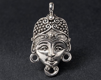 Goddess Face Connector, Silver Indian Goddess, Spiritual, Ancient Culture, Antique Silver, Made in the USA, 28x16mm