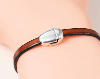 Magnetic Clasp for 5mm Flat Cord Bracelet, 5mm Leather Cord Oval Clasp, Silver-Plated Zamak, Made in Europe