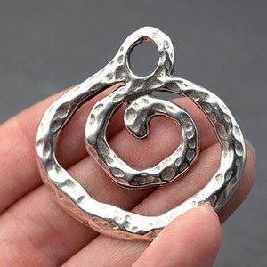 Large Silver Spiral Pendant, Spiral Focal Pendant, Hammered, Antique Silver, Ethnic, Tribal Pendant, Made in Europe, 43mm image 1