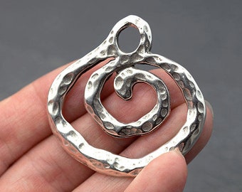 Large Silver Spiral Pendant, Spiral Focal Pendant, Hammered, Antique Silver, Ethnic, Tribal Pendant, Made in Europe, 43mm